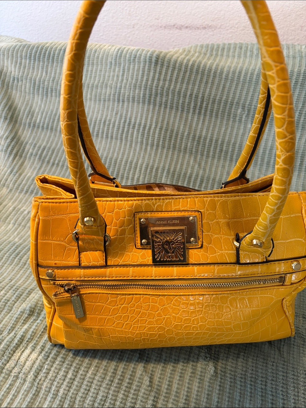 Anne Klein Yellow Croc-Embossed Tote with Gold Plaque